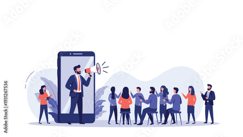 Public speaker addresses a large audience from a mobile phone screen using a megaphone to illustrate digital communication.