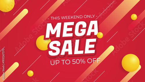 Modern mega sale promotional banner with red background, yellow gradient, and bold typography.