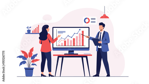 Two colleagues collaborate on a data presentation using a large computer screen with charts and a laser pointer for analysis.