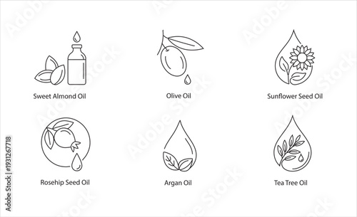 Natural Carrier and Essential Oils Line Art Vector Icons: Sweet Almond, Olive, Sunflower, Rosehip, Argan, and Tea Tree Skin Care Ingredients