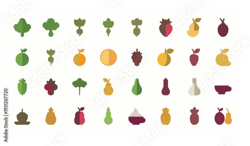 Flat Fruits and Vegetables Icon Set Vector – Healthy Farm Food Collection