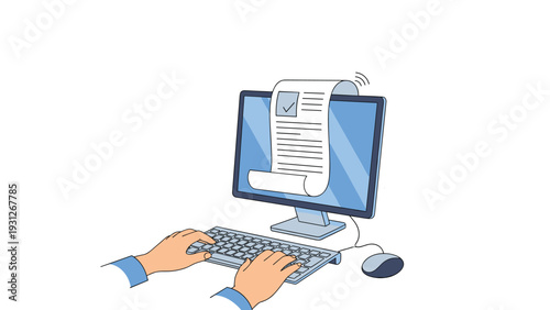 Typing hands on a keyboard with a computer screen showing a completed checklist represent online document completion.