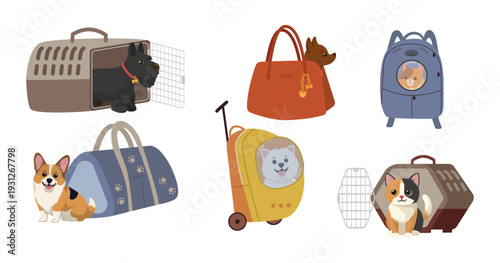 Vector illustration set showcasing various cute pets placed in stylish travel carriers. Includes dogs and cats comfortably positioned in different types of pet carriers, ideal for travel.