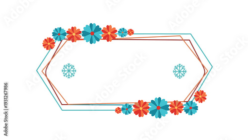 Beautiful hexagonal frame decorated with colorful flowers and snowflakes provides a blank space for customized text and design.