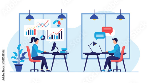 Professional workers in separate office cubicles analyze complex data charts and communicate through digital chat platforms.