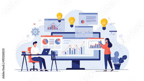 Collaborative team analyzes real time business data and statistics on a large monitor with floating windows and idea icons.