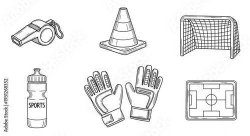 Collection of soccer equipment, including a whistle, cone, goal, water bottle, gloves, and field.