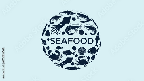 Circular composition of various seafood icons like fish, crab, shrimp, and shells with the word SEAFOOD in the center.