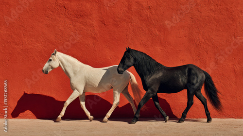 ultra realistic fashion photography of two horses walking side by side