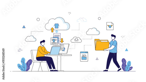 Team of professionals manages digital files and documents with secure cloud storage and upload download technology symbols.