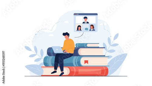 Student sits on a stack of books while using a laptop to participate in a video call and learn from online resources.