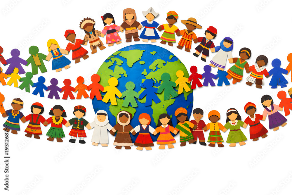 Fototapeta premium Global Unity and Cultural Diversity Paper Cut Illustration of Multicultural Children Around Earth for Inclusion and Equality Awareness