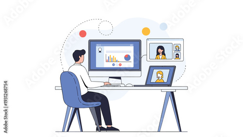 Remote worker sits at a desk using a monitor and laptop for a video call while analyzing business statistics on a dashboard.