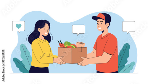 Friendly delivery man hands a box of fresh groceries to a woman while social media icons float in the background of a blue sky.