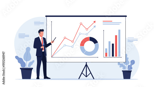 Business executive gives a detailed presentation using a projector screen with various growth charts and data analytics.