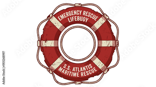 Vintage style red lifebuoy with rope on white background