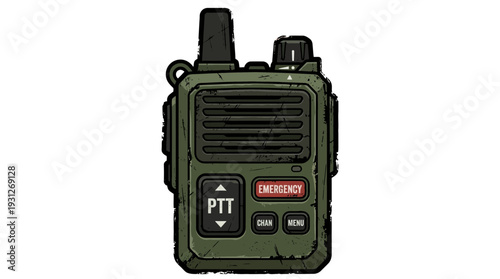 Green military walkie-talkie with emergency button, isolated on white background.