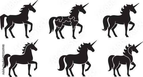 Black Solid Abstract Geometric Unicorn Silhouettes Set of Six on White Background