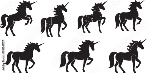 Black Solid Abstract Geometric Unicorn Silhouettes Set of Six on White Background