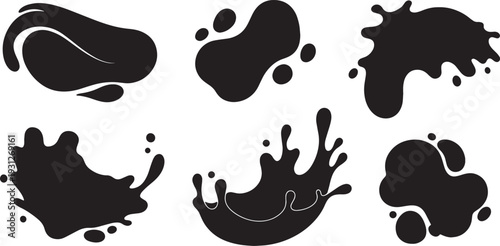 Black Solid Abstract Liquid Splash Silhouettes Set of Six on White Background