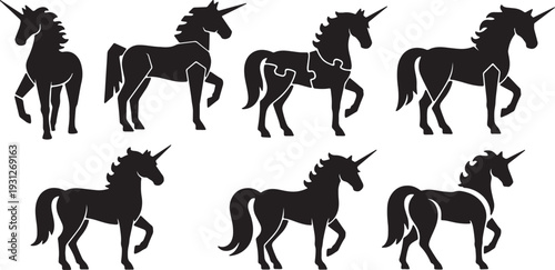 Black Solid Abstract Geometric Unicorn Silhouettes Set of Six on White Background
