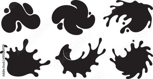 Black Solid Abstract Liquid Splash Silhouettes Set of Six on White Background