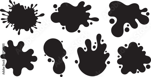 Black Solid Abstract Liquid Splash Silhouettes Set of Six on White Background