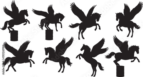 Black Solid Acrobatic Pegasus Silhouettes Set of Six on White Background