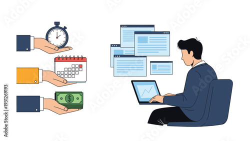 Professional worker manages time schedule and finances while working on computer with multiple web browser windows.