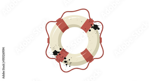 Lifebuoy with red stripes and black paint splatters on white background