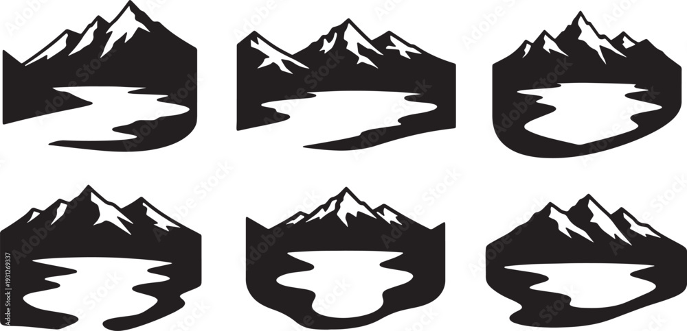 Fototapeta premium Black Solid Alpine Lake Peak Silhouettes Set of Six on White Background