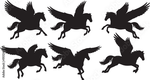 Black Solid Alpine Flight Pegasus Silhouettes Set of Six on White Background