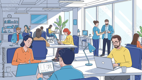 Diverse group of professional employees working in a modern bright open space office environment with desks and laptops.