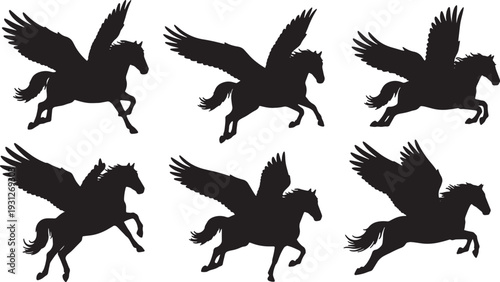 Black Solid Alpine Flight Pegasus Silhouettes Set of Six on White Background