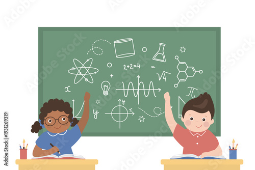 Cartoon smart boy and girl with maths equations. Genius multiethnic student characters with various mathematical graphs, icons and numbers. Geometric, algebra lessons.