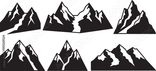 Black Solid Alpine Glacier Mountain Silhouettes Set of Six on White Background