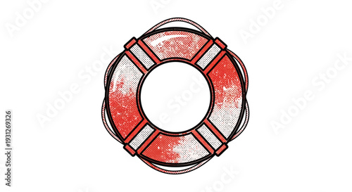 Red life preserver ring with ropes, isolated on white background