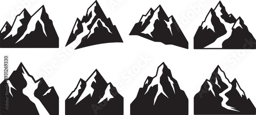 Black Solid Alpine Glacier Mountain Silhouettes Set of Six on White Background