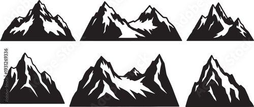 Black Solid Alpine Glacier Mountain Silhouettes Set of Six on White Background