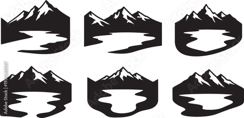Black Solid Alpine Lake Peak Silhouettes Set of Six on White Background