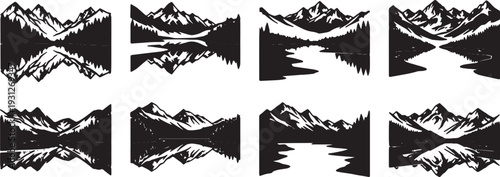 Black Solid Alpine Lake Peak Silhouettes Set of Six on White Background
