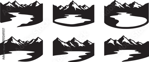 Black Solid Alpine Lake Peak Silhouettes Set of Six on White Background
