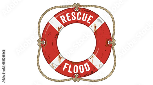 Red lifebuoy with rope, text RESCUE FLOOD, isolated on white background