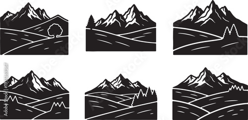 Black Solid Alpine Meadow Peak Silhouettes Set of Six on White Background
