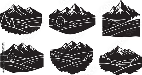 Black Solid Alpine Meadow Peak Silhouettes Set of Six on White Background