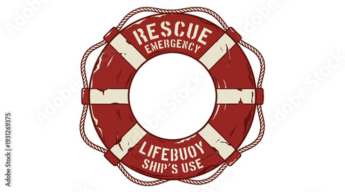 Red lifebuoy with text "RESCUE EMERGENCY LIFEBUOY SHIPS USE" on white background