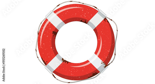 Red lifebuoy with white stripes, isolated on white background, rescue equipment