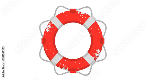 Red lifebuoy with white stripes and distressed texture on white background