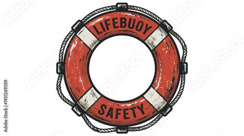 Red lifebuoy with white stripes and rope, text lifebuoy safety