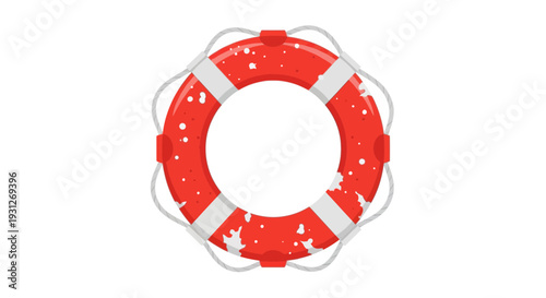 Red lifebuoy with white stripes, rescue equipment for water safety, isolated on white background.